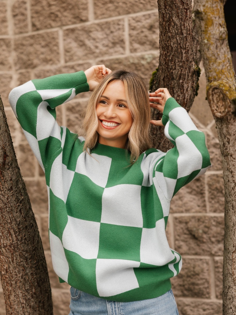 Smash & Tess Chrissy Checkered Sweater in Green/Blue sz XS/S